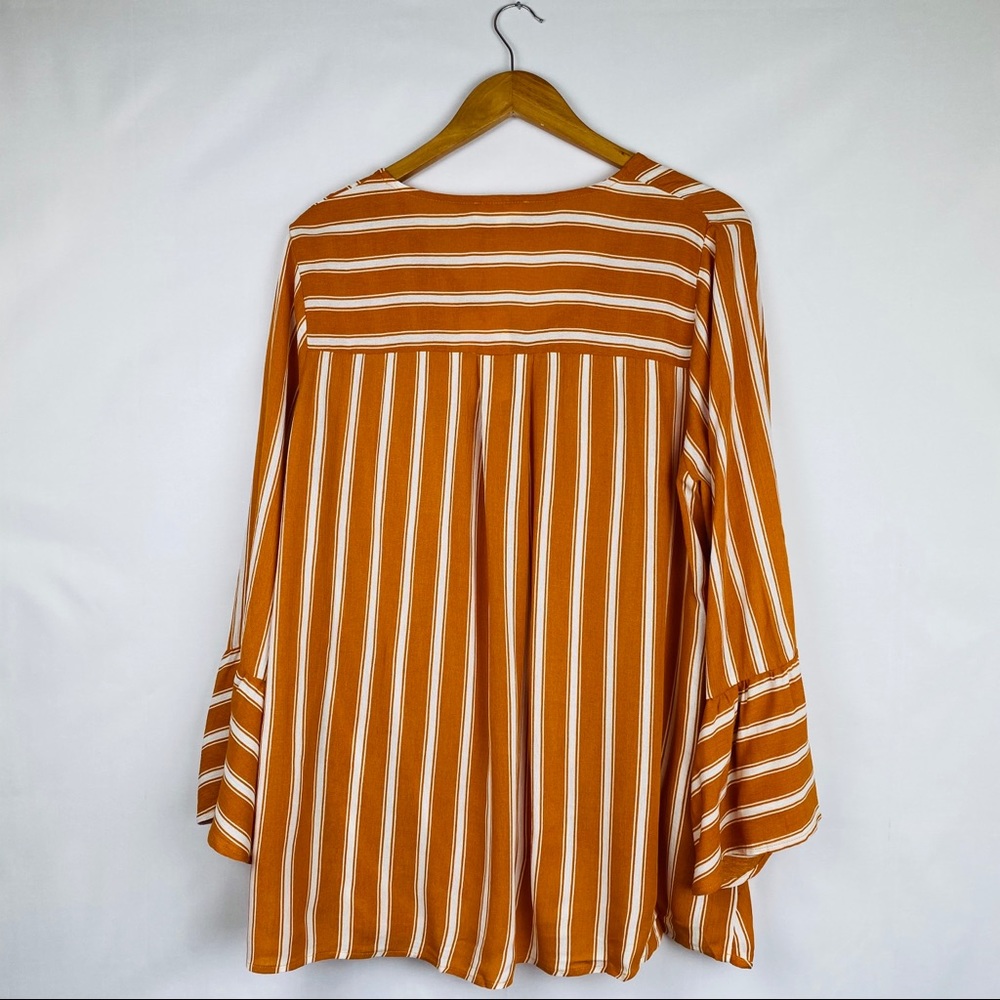 🆕 Striped V-Neck Blouse Draped Front Bell Sleeves - Picture 5 of 7